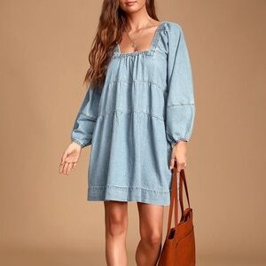 Free People Blue Jean Babydoll denim mini dress Sz XL Fall western boho chic